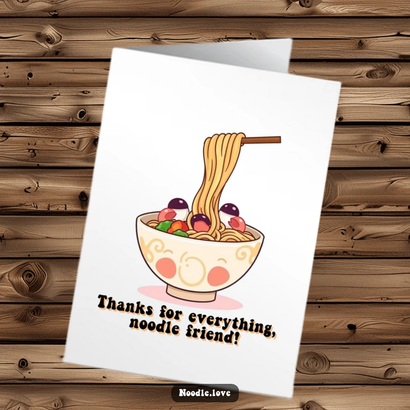 Funny Free Printable Thank You Card of a happy ramen bowl playfully slurping its noodles, expressing thanks.