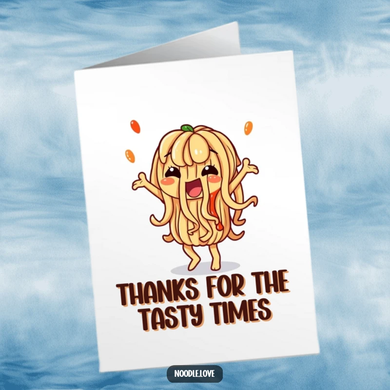 Funny Free Printable Thank You Card: A noodle character dances sillily with artistic sauce drizzles, saying thanks.