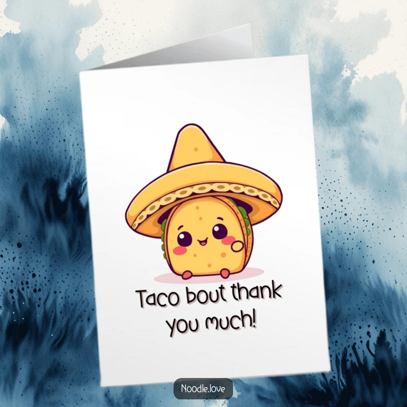 Funny Free Printable Thank You Card: A Kawaii taco character curiously peeking from under a large sombrero, indicating thanks.