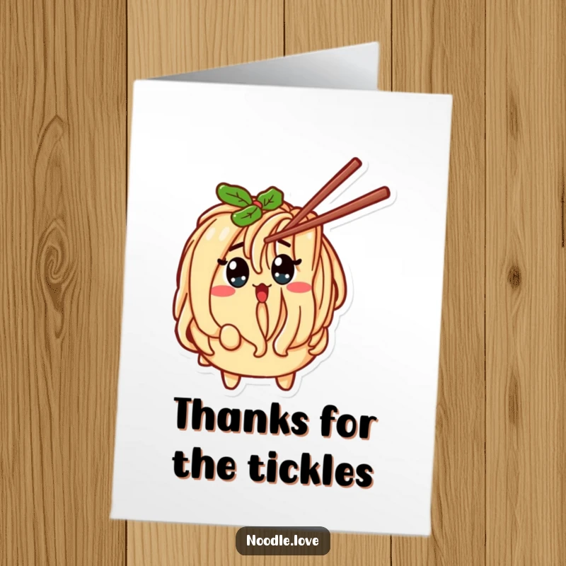 Funny Free Printable Thank You Card: Noodle character surprised by a tickling chopstick. A charming DIY printable.