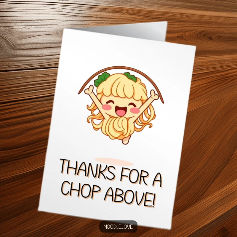 Funny Free Printable Thank You Card: A jubilant noodle character jumps through a hoop of chopsticks.
