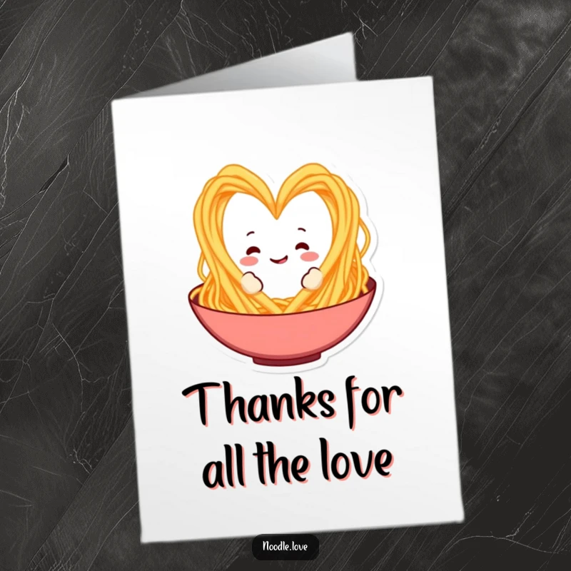 Funny free printable thank you card: A playful spaghetti character forming a heart shape within a food bowl, sending thanks.