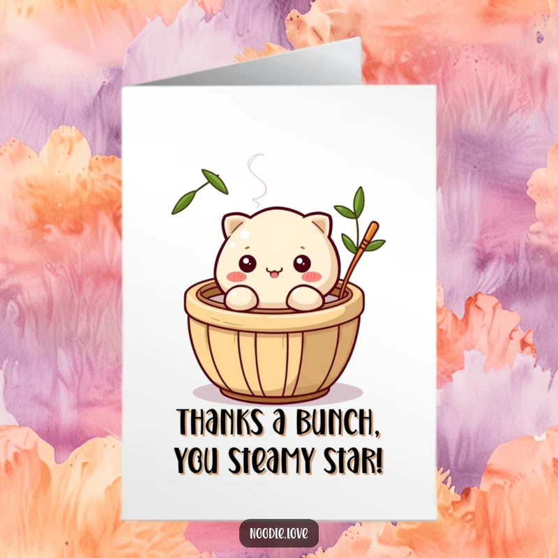 Funny free printable thank you card with a winking dumpling peeking out of a steamy bamboo basket, expressing gratitude.