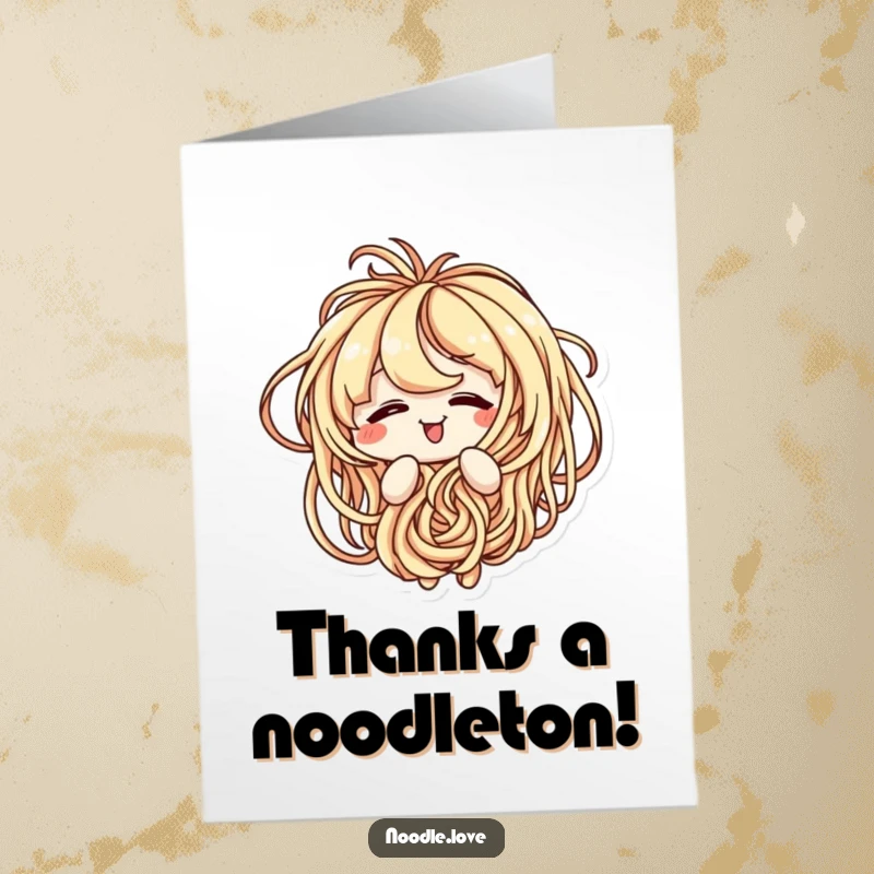 Funny Free Printable Thank You Card with an amused noodle character hilariously tangled in its own pasta strands.