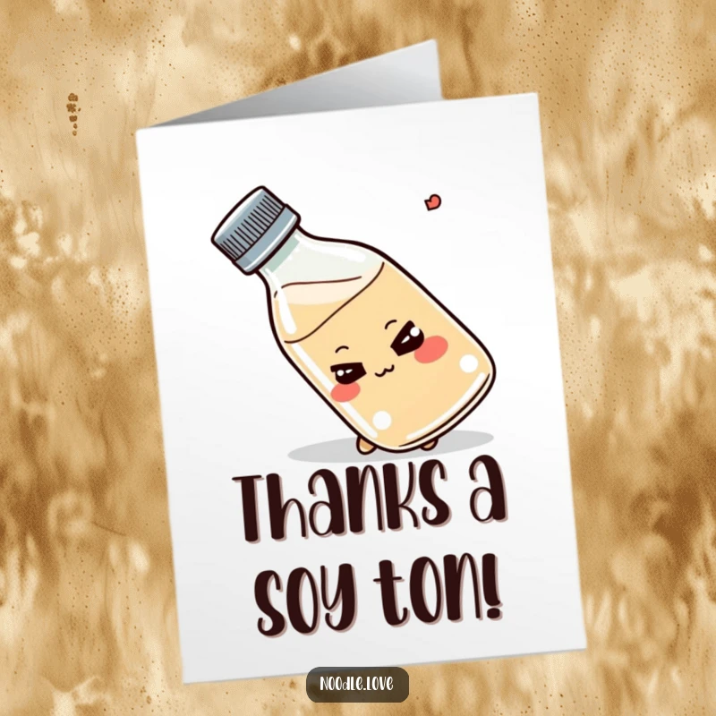 Funny Free Printable Thank You Card: A smirking kawaii shoyu bottle character tips slightly, conveying thanks playfully.