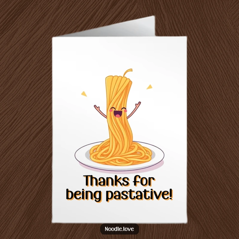 Funny Free Printable Thank You Card: A spaghetti strand joyfully leaping off its plate, showing gratitude, ideal for DIY gifts.