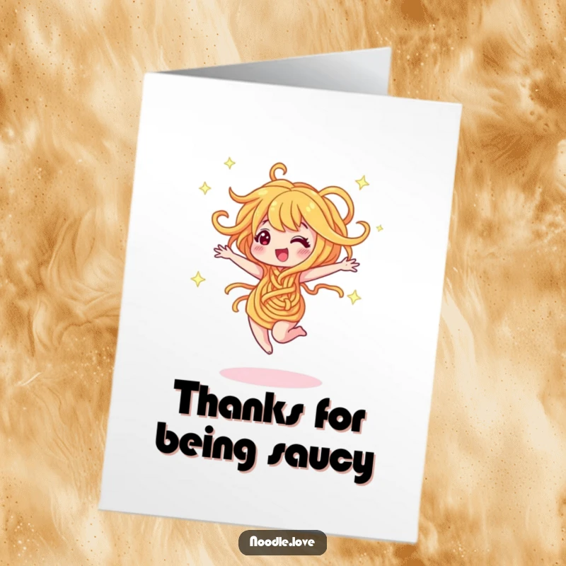Funny Free Printable Thank You Card: A dancing noodle character twirling with abandon, emitting sparkles to show gratitude.