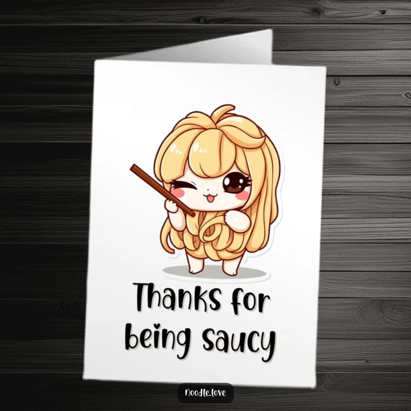 Funny Free Printable Thank You Card: A mischievous noodle character winks while balancing chopsticks, offering thanks with a humorous DIY touch.