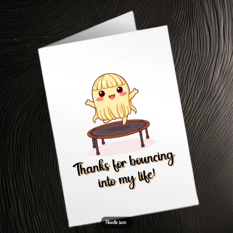 Funny free printable thank you card of a noodle character joyfully hopping on a trampoline made of nori seaweed.