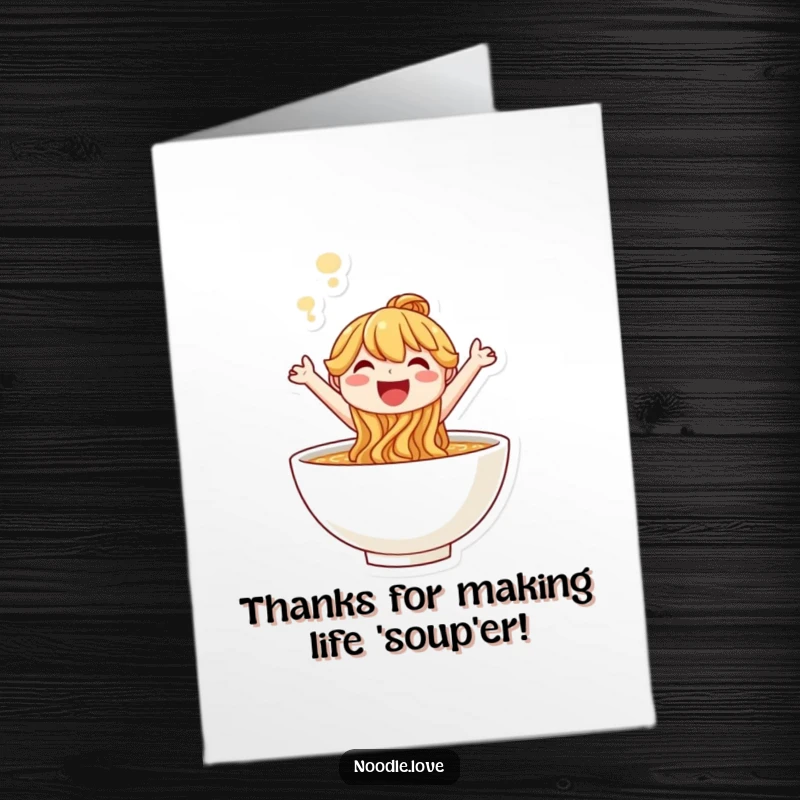 Free Printable Thank You Card: A happy noodle character celebrating with a joyful leap from a steaming bowl.