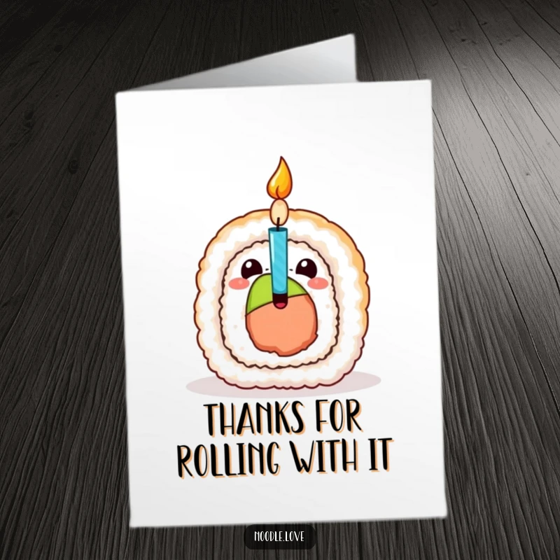 Funny Free Printable Thank You Card: Sushi roll character pops open with a birthday candle, a surprising way to say thank you, a delightful printable gift.