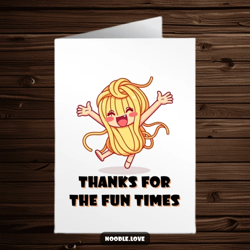 Funny Free Printable Thank You Card: Noodle performing a joyful loop, thanking someone. A spirited DIY printable.