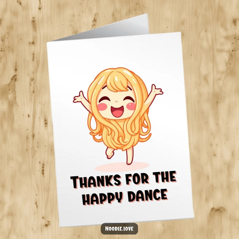 Funny Free Printable Thank You Card: Happy noodle character dancing joyfully, a cute downloadable card for expressing thanks with cheer.