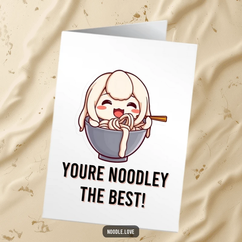 Funny Free Printable Thank You Card depicting a happy udon noodle character gleefully slurping itself with pure joy.