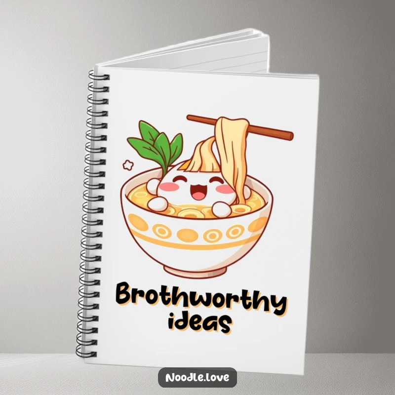 Funny Ramen Bowl Character Splashing Happily in Broth Notebook - Cheerful food-themed journal for notes and ideas, funny gift.