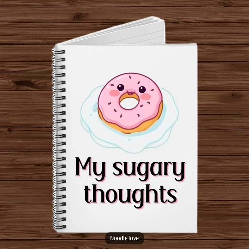 Funny donut character notebook floating in a milk pool, ideal for jotting down sweet ideas with a touch of playful humor.