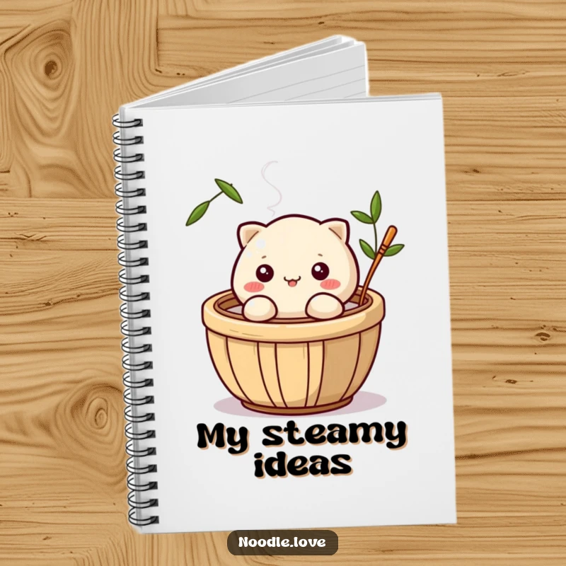 Funny notebook with a winking dumpling character peeking from a steaming bamboo basket, ideal for jotting down notes with playful humor.