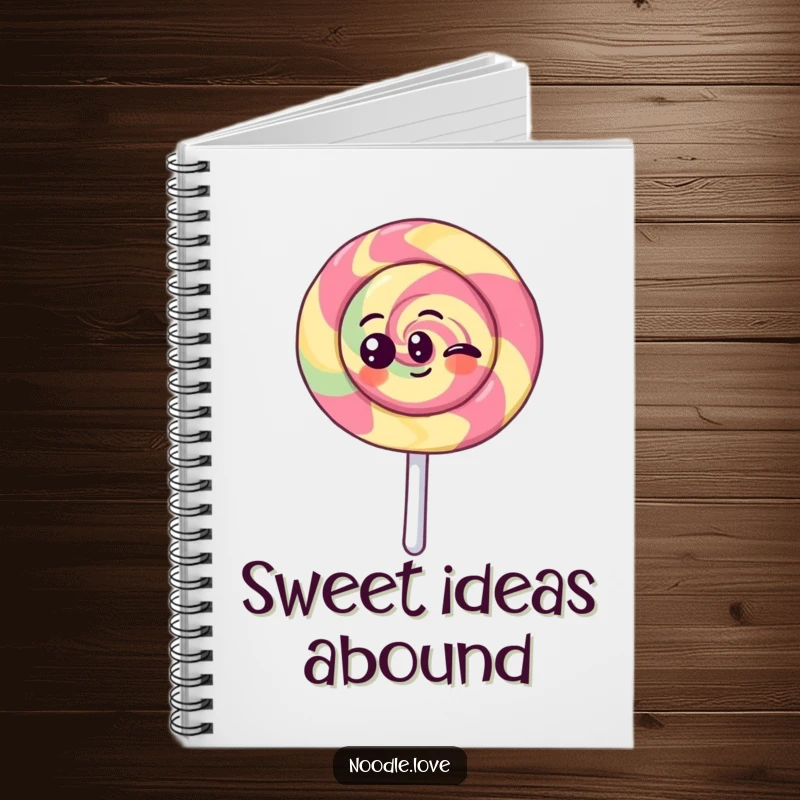 Funny Kawaii lollipop character spinning with joy, featured on a humorous and delightful notebook for writing and planning.