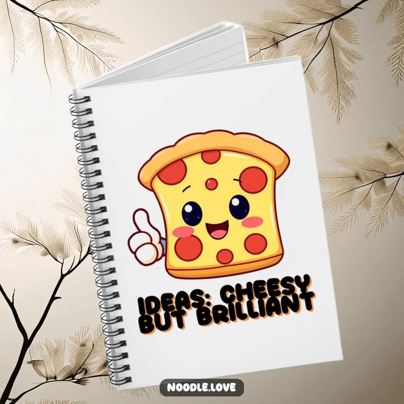 Funny Kawaii pizza slice character giving a thumbs up, featured on a humorous and delightful notebook for writing and planning.