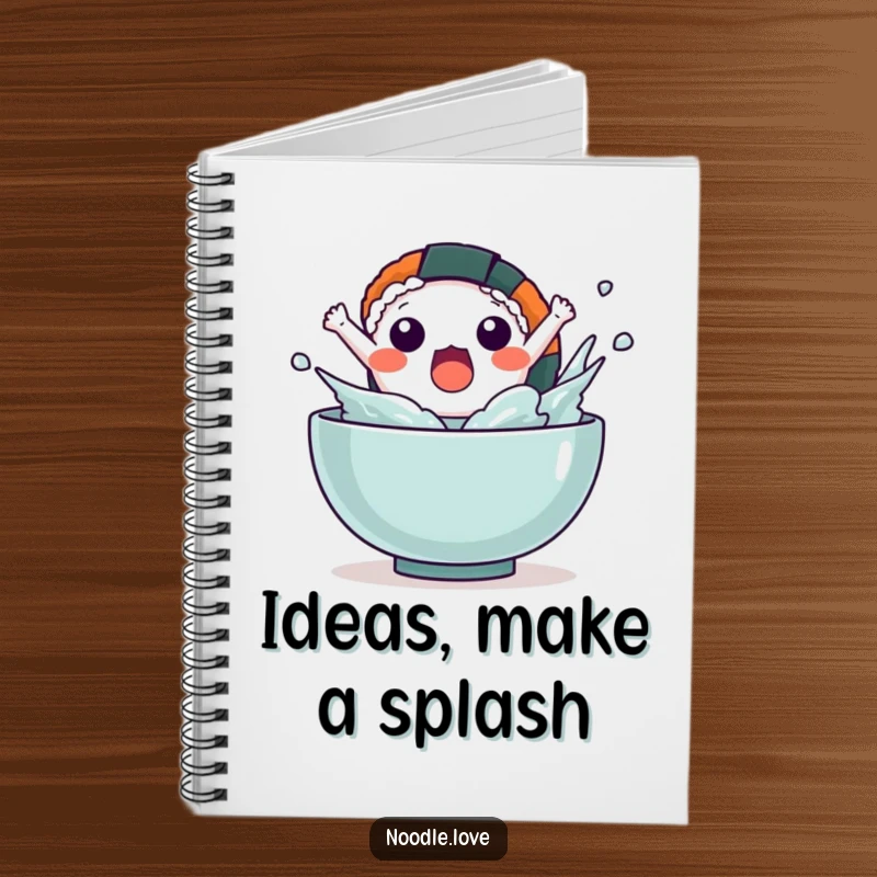 Funny Kawaii sushi character leaping out of a bowl with a splash, featured on a funny notebook cover.