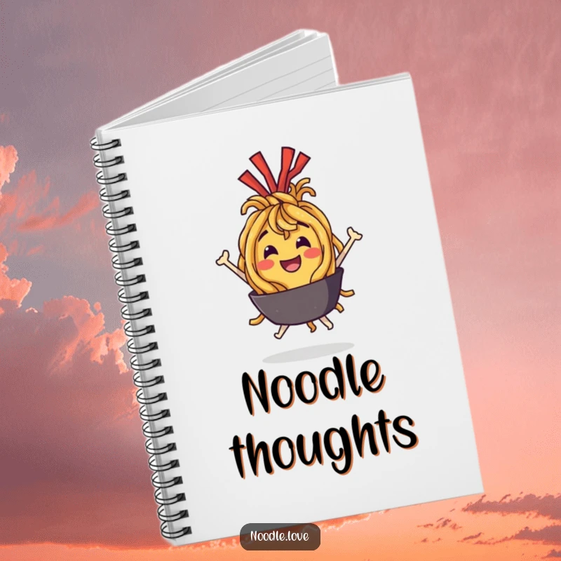 Funny Notebook: Cover shows a joyful fried noodle character bouncing with delight, inspiring creative and happy notes.