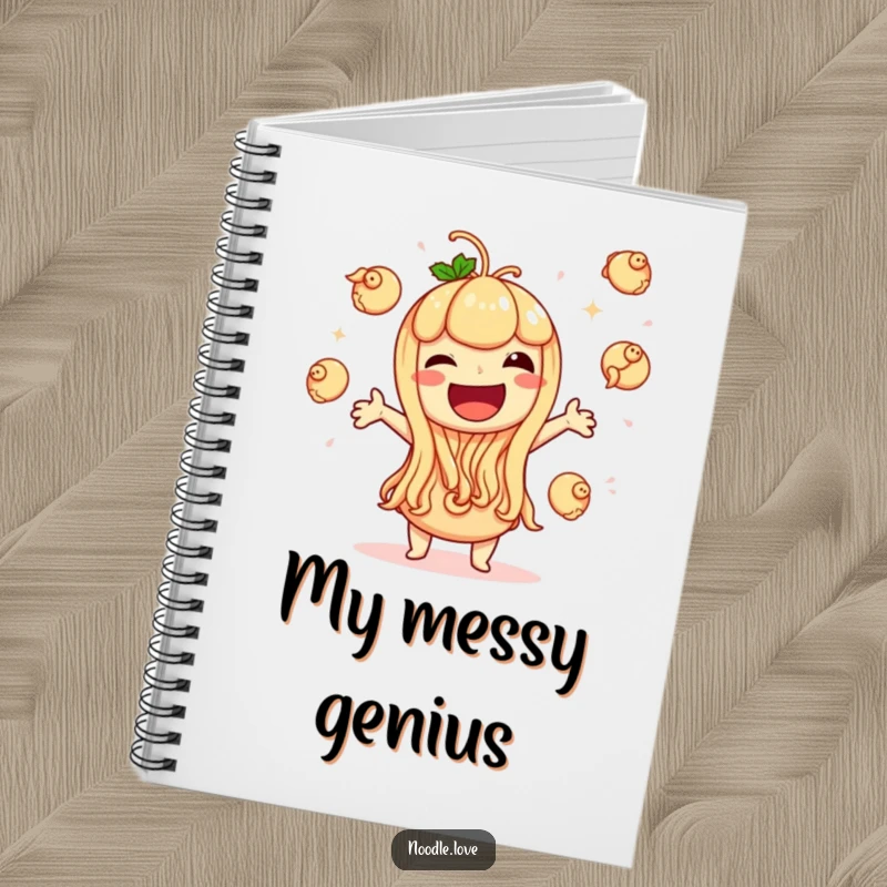 Funny notebook with a giggling noodle character juggling tiny dumplings with extreme glee, ideal for jotting down notes with a humorous touch.