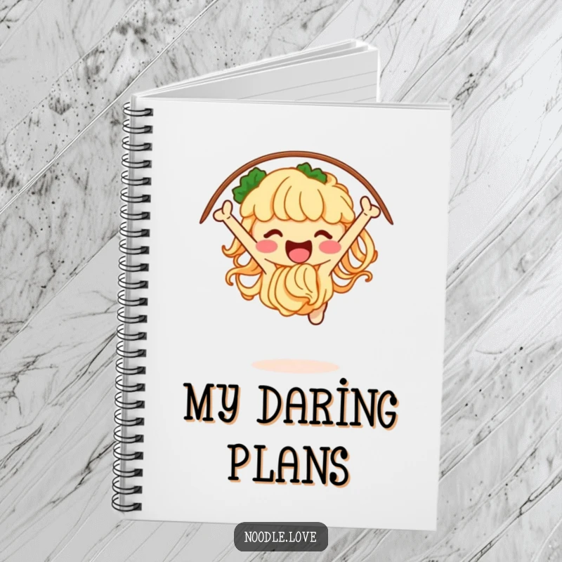 Funny noodle notebook featuring a jubilant character jumping through a hoop of chopsticks, inspiring creative writing and note-taking.