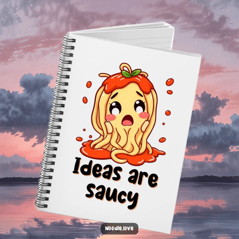 Funny Noodle Notebook: A surprised noodle character wiggling with excitement and sauce splattering, perfect for foodie notes.