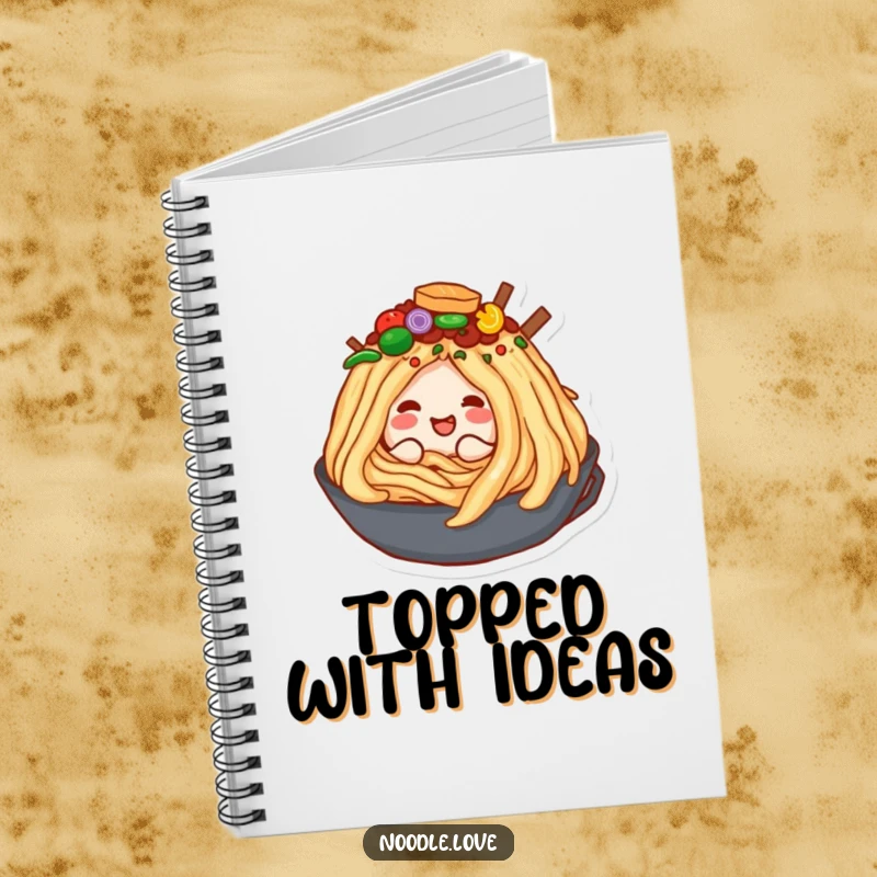 Funny notebook cover of a content noodle character happily burrowing into a vast, colorful mountain of assorted tasty food toppings.