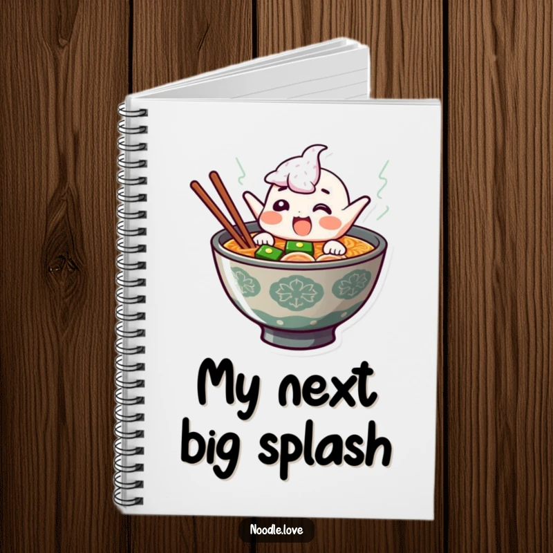 Funny ramen notebook with a giggling character jumping out of steaming broth, perfect for taking notes with a side of noodle humor.