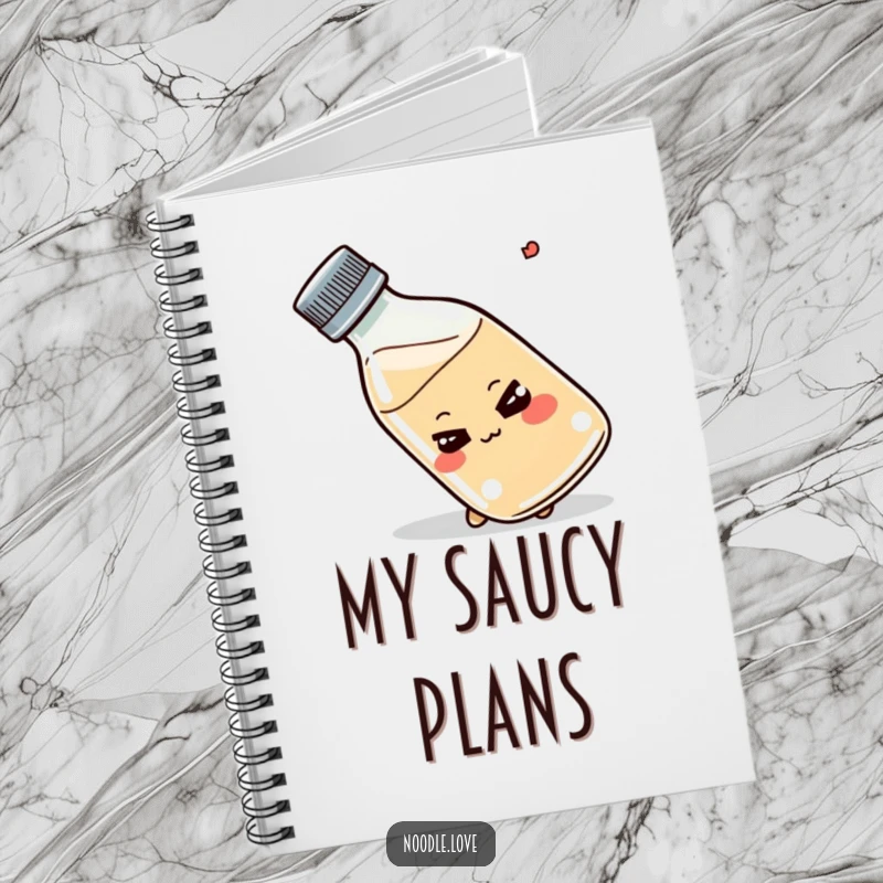 Funny Shoyu bottle notebook, smirking, tipping playfully, cute stationery, recipe journal, perfect funny gift.
