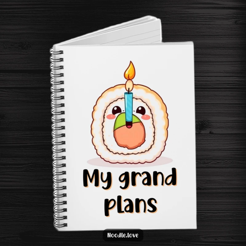 Funny Sushi Birthday Notebook, illustrated with a sushi roll character revealing a surprise birthday candle, ideal for jotting party ideas.