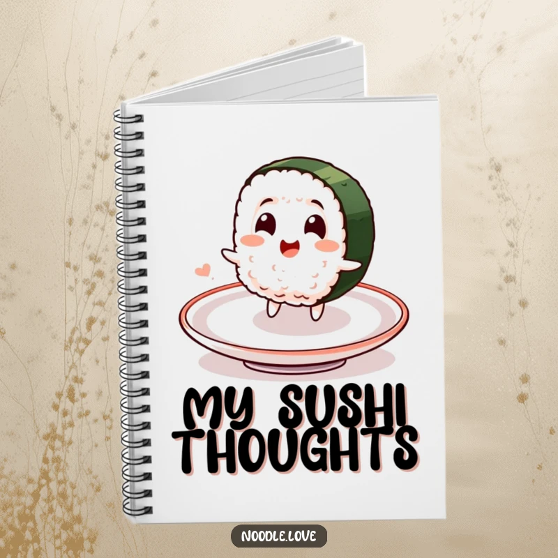 Funny notebook featuring a smiling sushi character joyfully spinning on a plate, perfect for jotting down notes.