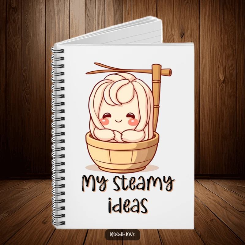 Funny udon noodle character smiling and hugging a bamboo steamer, a charming and humorous notebook for jotting down ideas.