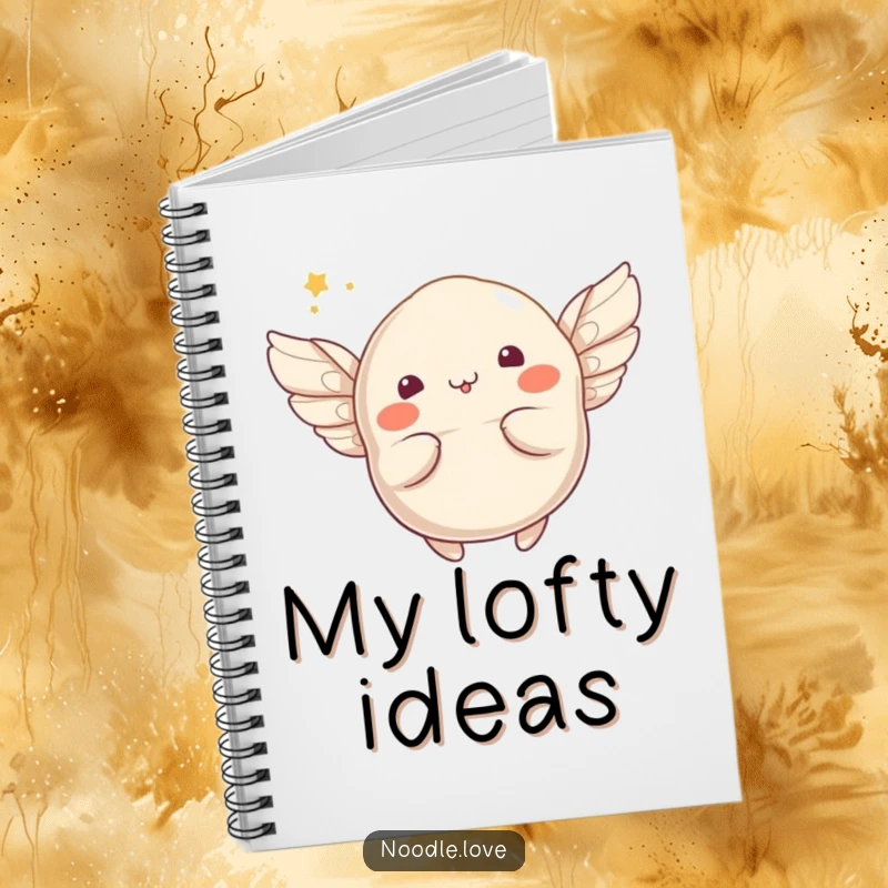 Funny winged dumpling notebook featuring a whimsical character sprouting tiny wings and attempting flight, inspiring creative writing and note-taking.