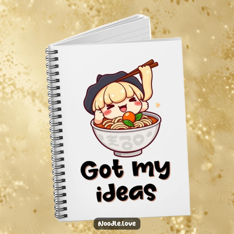 Funny notebook featuring a kawaii ramen character using chopsticks to playfully grab a floating ingredient, perfect for note-taking and brainstorming.