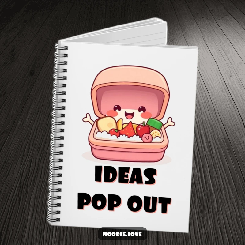 Funny bento box notebook with a cheerful character popping open to reveal tiny smiling food, perfect for taking notes with humor.