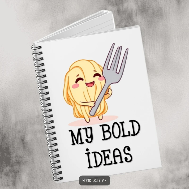 Funny Noodle Tease Notebook, illustrated with a grinning noodle character playfully confronting a giant fork, perfect for food journaling.