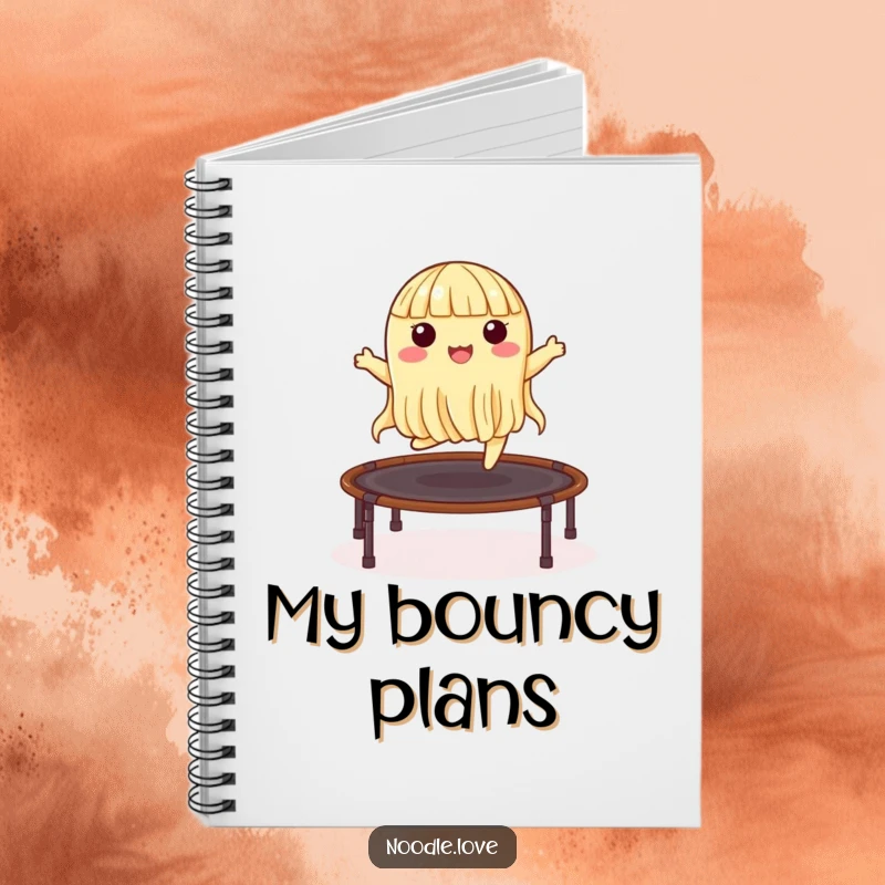 Funny notebook featuring a noodle character happily bouncing on a nori trampoline, inspiring energetic note-taking and creative ideas.