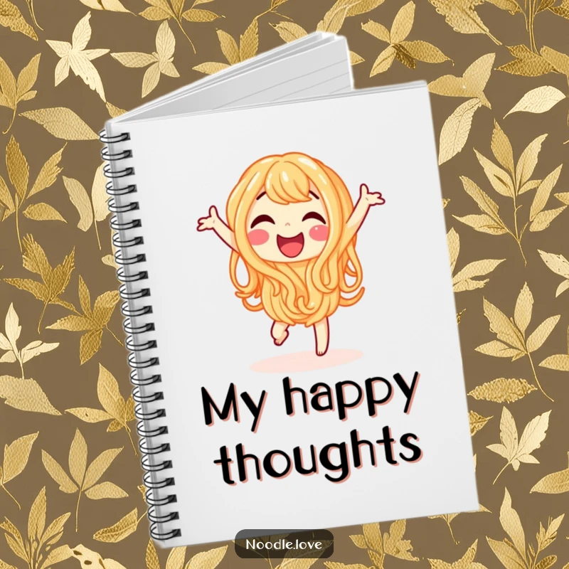 Funny notebook featuring a happy noodle character joyfully doing a little dance, ideal for writing.