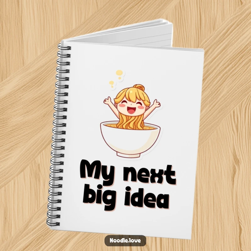 Funny smiling noodle character leaping joyfully from a steaming bowl, happy journaling notebook.