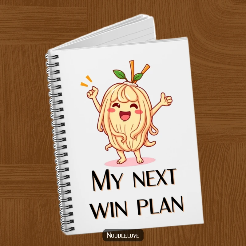 Funny Kawaii noodle character dancing victoriously, perfect for a motivational and funny notebook cover.