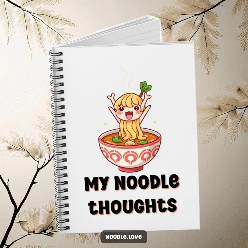 Funny notebook adorned with a cute noodle character jumping excitedly from a steaming bowl of broth, perfect for jotting down thoughts.