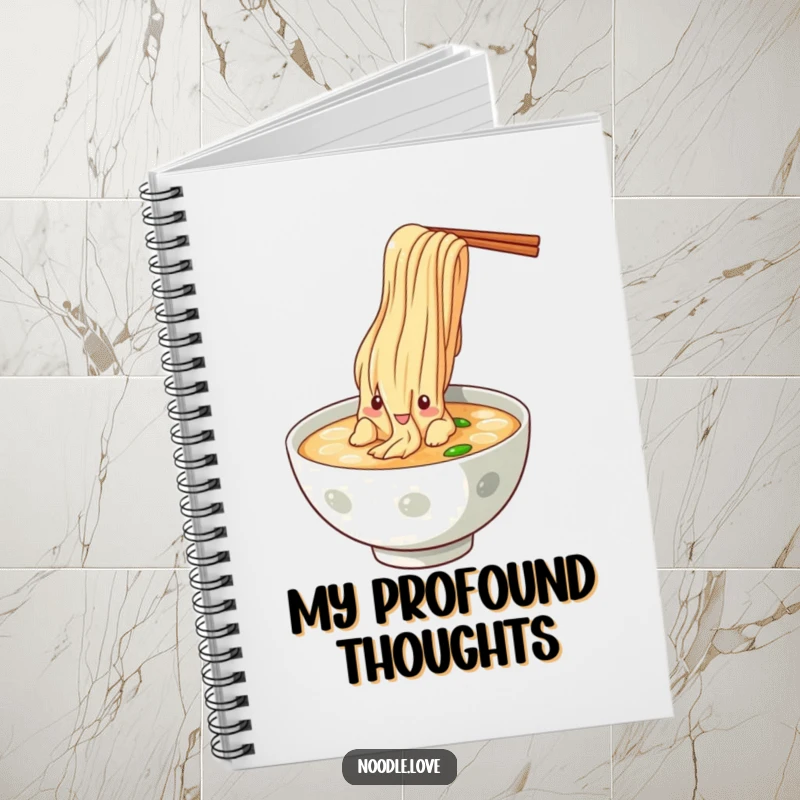 Funny Noodle Dive Notebook, illustrated with a noodle character dramatically diving into a bowl of broth, perfect for food journaling.