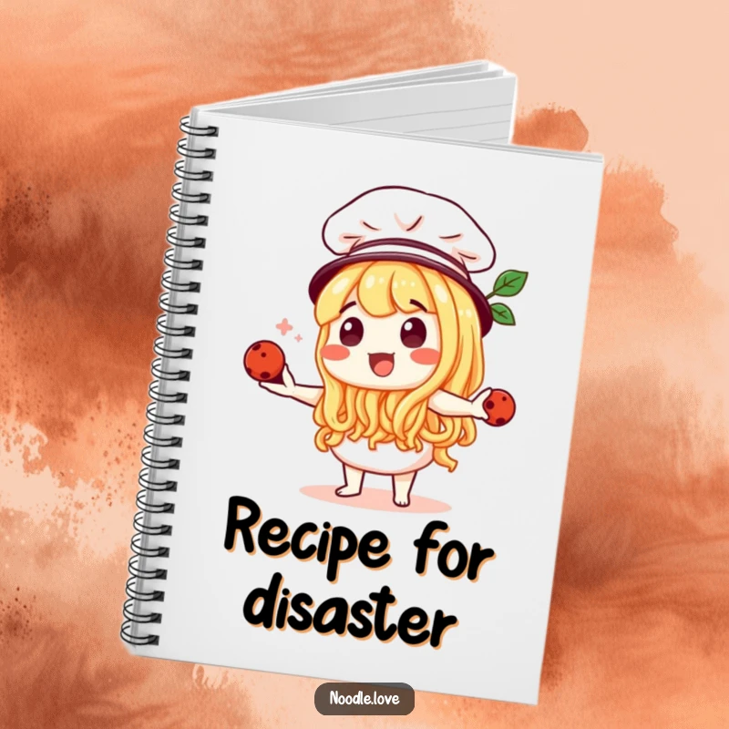 Funny Noodle Character Chef Juggling Meatballs Notebook - Culinary-themed journal for recipes and notes, funny gift.