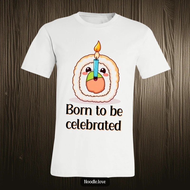 Funny Sushi Birthday T-Shirt, a festive sushi roll character popping open to reveal a surprise birthday candle, great for parties.