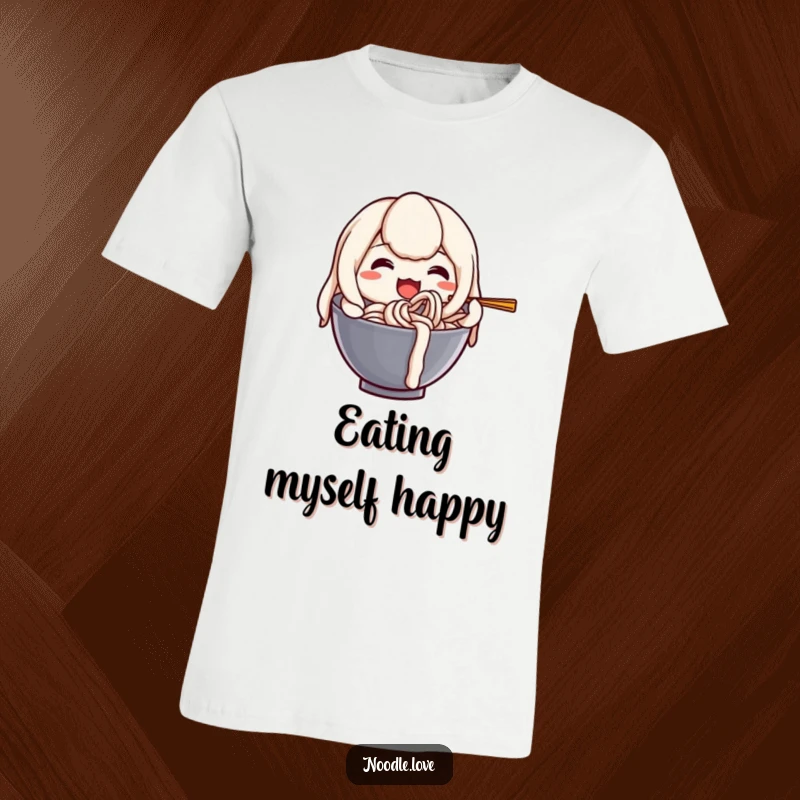 Funny t-shirt featuring a happy anthropomorphic udon noodle character joyfully slurping itself in a comical pose.
