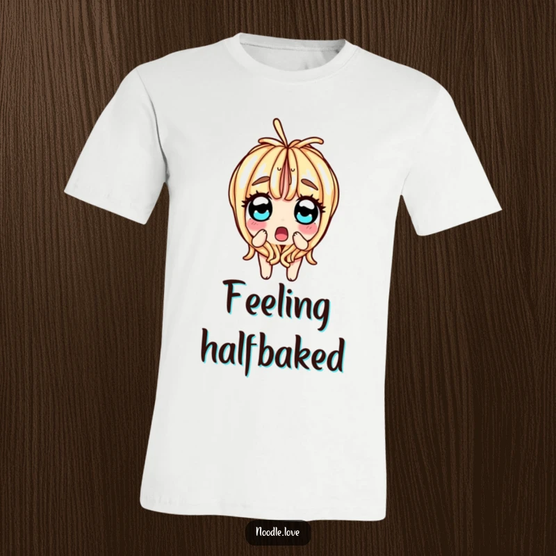 Funny t-shirt showing a surprised noodle character comically splitting in half, eyes wide with shock and disbelief.