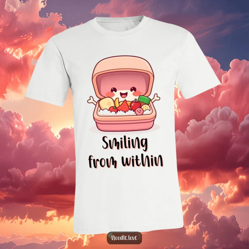 Funny bento box t-shirt showing a cheerful character popping open to reveal tiny smiling food items, a delightful surprise.