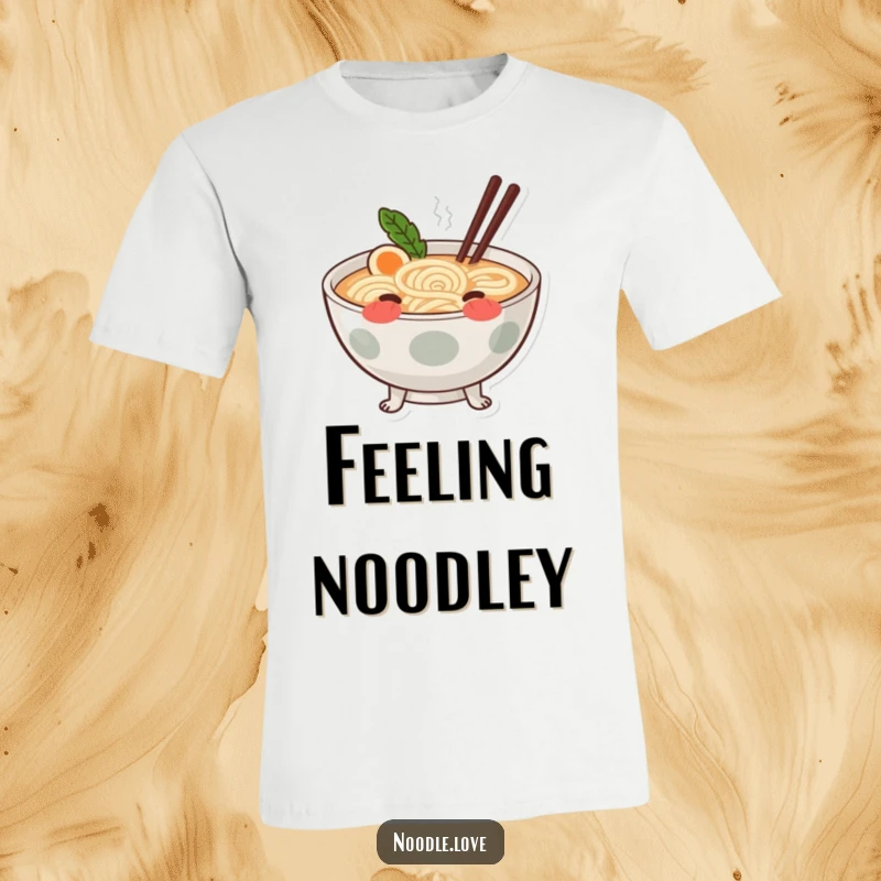 Funny blushing ramen t-shirt showing a cute ramen bowl with swirling noodle legs, blushing adorably.